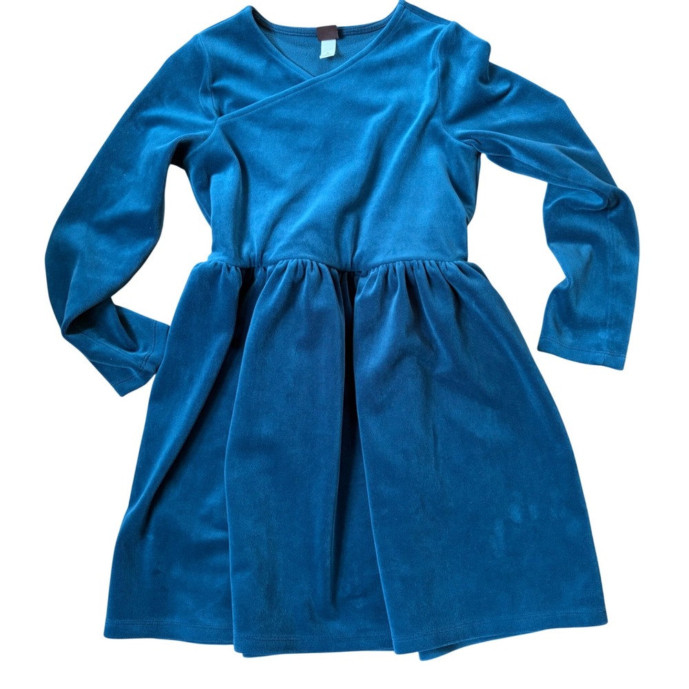 Tea Collection Girls Teal Blue Velvet Long‎ Sleeve Faux Wrap Dress Size 8